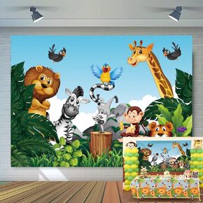 Jungle Animals Backdrop Cartoon Forest Animals Theme Party Photo Background Kids Children Newborn Birthday Baby Shower Decoration Photography Props 7x5FT