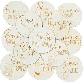 16PCS Baby Monthly Milestone Marker Wooden Discs Newborn Photo Props Baby Growth and Pregnancy Growth Cards 1-12 Months Baby Announcement Sign Compatible with Winnie The Pooh in Kuwait