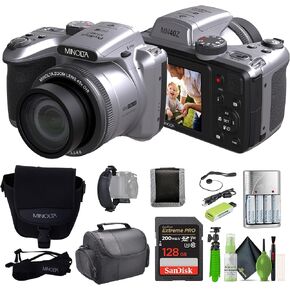 MINOLTA MN40Z 20 Mega Pixels 40x Optical Zoom Digital Camera with 1080p FHD Video, Silver, Bundle with 64GB Memory Card + Vlog Tripod + 4xAA Battery with Charger + Accessories