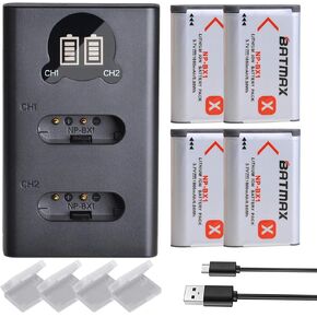 Batmax 4Pcs 1860mAh NP-BX1 Battery + LCD Dual USB Charger with Type C Port for Sony Cyber-Shot DSC-RX100, RX100 II, RX100 III, RX100 V, RX100 VII, DSC-RX100 IV, HX80, HX50V, HX400, DSC-WX350