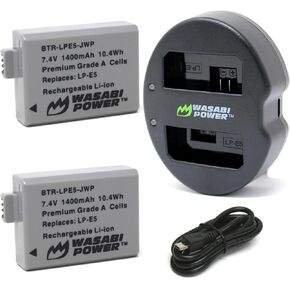 Wasabi Power Battery (2-Pack) and Dual USB Charger for Canon LP-E5 and Canon EOS 450D, 500D, 1000D, Kiss F, Kiss X2, Kiss X3, Rebel XS, Rebel XSi, Rebel T1i