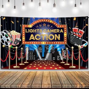 KatchOn, Lights Camera Action Backdrop - Large, 72x44 Inch | Movie Theme Party Decorations, Oscar Party Decorations | Lights Camera Action Decorations | Hollywood Backdrop for Movie Party Decorations