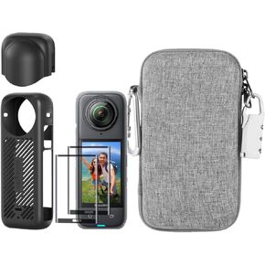 7in1 Compatible with Insta360 X4 Accessories Kit[Silicone Camera Case Cover and Lens Cap][2Pcs 3D Screen Protector Film][Carrying Case Bag with Locking Carabiner and Anti-Loss Lock] (Black)