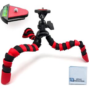 12" Inch Flexible Tripod w/Flexible Wrappable Disc Legs Red & Black, Quick Release Plate, and Bubble Level + eCostConnection Microfiber Cleaning Cloth