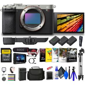 Sony Alpha a7CR Full-Frame Compact Mirrorless Camera (Silver) (ILCE-7CR/S) + 4K Monitor + Rode VideoMic + 64GB Memory Card + Pro Tripod + Bag + 2 x NP-FZ100 Compatible Battery + More (Renewed)