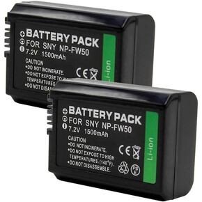 NP-FW50 7.2V 1500 mAh 2-Pack Rechargeable Lithium Ion Battery Pack Compatible with Sony Alpha A7 A7R A3000 NEX-7 NEX-6 NEX-5N/5R/5 NEX-F3 NEX-3N/C3/3 Cyber-Shot DSC-RX10 SLT A55 A37 A35 A33