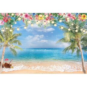 7x5ft Summer Hawaiian Beach Ocean Photography Backdrop Sky Seaside Tropical Palm Trees Luau Hawaiian Party Decorations Photoshoot Background Photo Banner Supplies