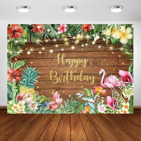 Avezano Tropical Flamingo Birthday Backdrop for Girls Hawaiian Party Decorations Summer Wood Floral Leaves Lights Luau Happy Birthday Party Banner Photoshoot Photography Background (7x5ft)