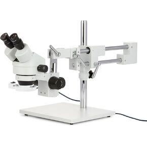 AmScope SM-4B-FRL Professional Binocular Stereo Zoom Microscope, WH10x Eyepieces, 7X-45X Magnification, 0.7X-4.5X Zoom Objective, 8W Fluorescent Ring Light, Double-Arm Boom Stand, 110V-120V