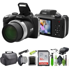 MINOLTA MN53Z 16 MP / 1080P FHD Bridge Digital Camera w/53x Optical Zoom (Black) Bundle with 32GB Memory Card + Camara Bag + Cleaning Kit + Vlogging Tripod + Accessories