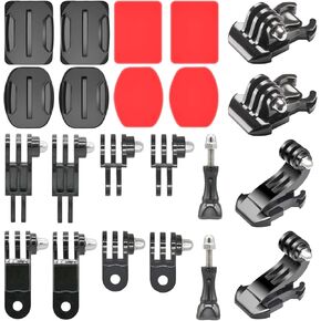 Universal Action Camera Accessory Mount Kit, Curved & Flat Adhesive Sticky Mount, Quick Release Buckle Mount, J-Hook Buckle Mount, 3-Way Pivot Arms and Thumb Screws