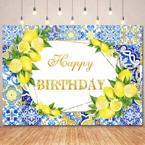 Lemon Birthday Backdrop Lemon Party Decorations,Blue Tiles Morocco Mediterranean Backdrops Capri Lemon Birthday Banner Photography Background for Happy Bday Supplies Photo Booth Props 7x5ft