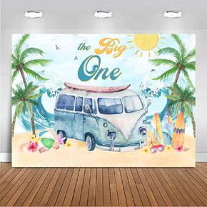 Mocsicka The Big One Surfing 1st Birthday Backdrop Summer Beach Surf 1st Birthday Party Decorations for Boys Summer Ocean Wave Birthday Banner Photography Background (Blue, 7x5ft (82x60 inch))