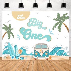 Boy The Big One Surfing 1st Birthday Backdrop Retro Boy Surf Van Surfboard Beach Party Background Tropical Surfing First Birthday Supplies Backdrops (7x5ft)
