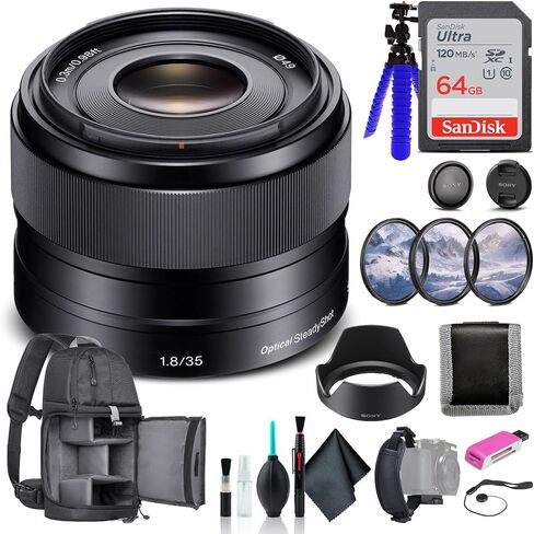عدسة Sony E مقاس 35 مم f/1.8 OSS SEL35F18، طقم فلتر، حقيبة ظهر، بطاقة 64 جيجابايت، قارئ بطاقات، حامل ثلاثي مرن، محفظة بطاقة الذاكرة، حافظة للغطاء، طقم تنظيف، حزام يد، والمزيد in Saudi Arabia