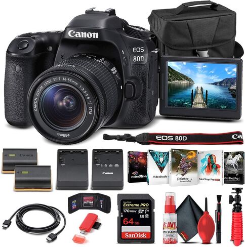 Canon EOS 80D DSLR Camera with 18-55mm Lens (1263C005) + 64GB Memory Card + Case + Corel Photo Software + LPE6 Battery + External Charger + Card Reader + HDMI Cable + Cleaning Set + More (Renewed) in Saudi Arabia