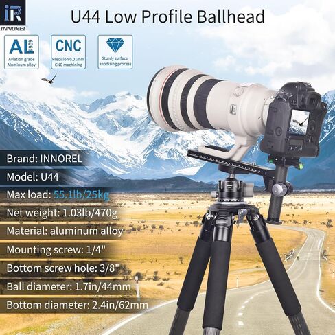 INNOREL 44mm Low Profile Camera Tripod Ball Head, CNC Metal Heavy Duty 360 Panoramic Tripod Head Compatible with Arca 1/4" Quick Release Plate for Tripod Monopod DSLR Camera Camcorder, 55lbs/25kg in Kuwait
