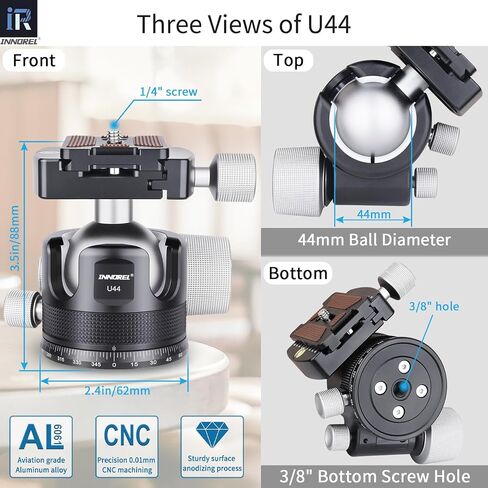 INNOREL 44mm Low Profile Camera Tripod Ball Head, CNC Metal Heavy Duty 360 Panoramic Tripod Head Compatible with Arca 1/4" Quick Release Plate for Tripod Monopod DSLR Camera Camcorder, 55lbs/25kg in Kuwait