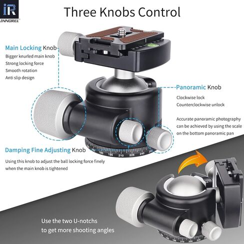 INNOREL 44mm Low Profile Camera Tripod Ball Head, CNC Metal Heavy Duty 360 Panoramic Tripod Head Compatible with Arca 1/4" Quick Release Plate for Tripod Monopod DSLR Camera Camcorder, 55lbs/25kg in Kuwait