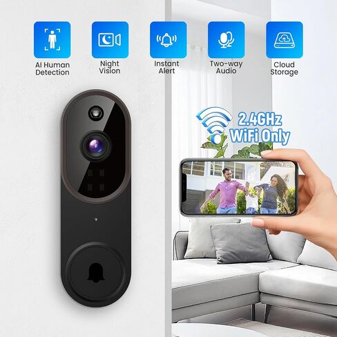1080p Wireless Video Doorbell Camera, Chime Ringer Included, Live View, 2-Way Audio, AI Human Detection, 2.4G WiFi, Night Vision, Cloud Storage, Battery Powered, Indoor Outdoor Surveillance in Saudi Arabia