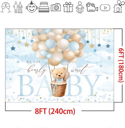 Mocsicka We Can Bearly Wait Backdrop Blue Hot Balloon Bearly Wait Baby Shower Party Decorations Backgrpund Blue Cloud Bear Boy Baby Shower Photography Background (Blue, 6x4ft) in Saudi Arabia
