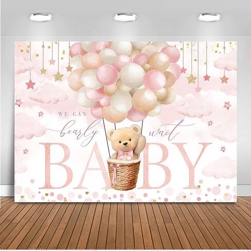 Mocsicka We Can Bearly Wait Backdrop Blue Hot Balloon Bearly Wait Baby Shower Party Decorations Backgrpund Blue Cloud Bear Boy Baby Shower Photography Background (Blue, 6x4ft) in Saudi Arabia