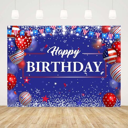 7x5ft Blue Happy Birthday backdrop for Photography Independence Day Happy 4th of July Background Red White Blue Balloons Flags Party Decorations Banner Supplies Photo Props in Saudi Arabia