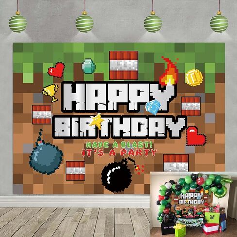 Pixel Happy Birthday Backdrop Video Game Themed Party Photography Background Kids Boy Birthday Video Gaming Battle Gamer Party Supplies Cake Table Decor Banner (7X5FT) in Saudi Arabia
