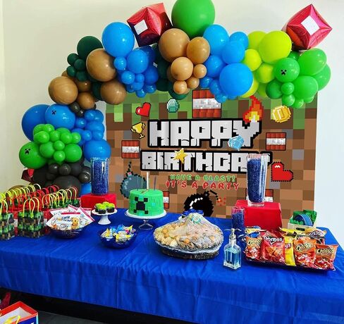 Pixel Happy Birthday Backdrop Video Game Themed Party Photography Background Kids Boy Birthday Video Gaming Battle Gamer Party Supplies Cake Table Decor Banner (7X5FT) in Saudi Arabia