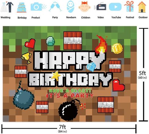 Pixel Happy Birthday Backdrop Video Game Themed Party Photography Background Kids Boy Birthday Video Gaming Battle Gamer Party Supplies Cake Table Decor Banner (7X5FT) in Saudi Arabia