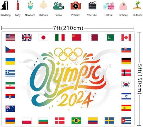 ديكورات الحفلات الأولمبية 2024 حلقات الألعاب الأولمبية خلفيات الألعاب راية المنافسة الرياضية الدولية التصوير الفوتوغرافي خلفية ديكور ملصق معلق المورد كشك الصور للداخلية في الهواء الطلق 7x5ft in Kuwait