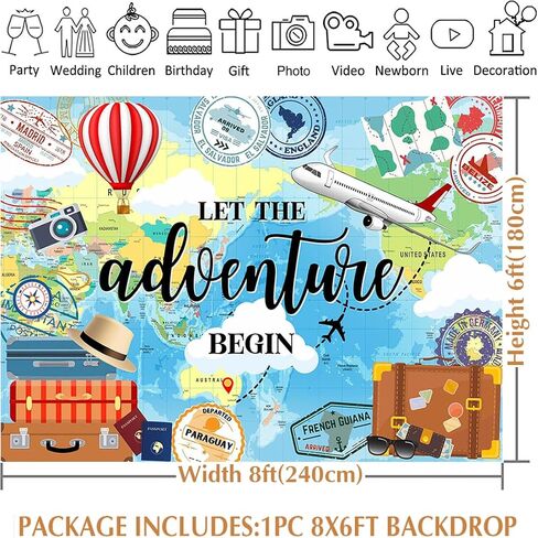 Adventure Awaits Backdrop Let The Adventure Begin Decorations 7x5ft | Cotton, World Map Travel Themed, Graduation Decorations, Retirement Party Decorations in Kuwait