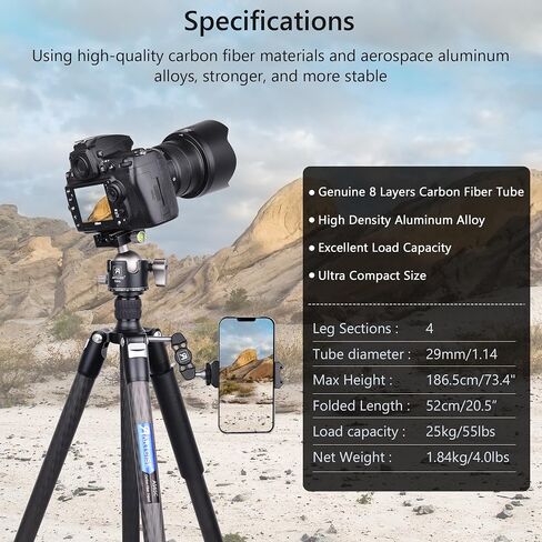 Camera Tripod Carbon Fiber Tripod Monopod with 46mm Low Profile Ball Head ARTCISE Professional Lightweight Tripod for DSLR Camera, Video Camcorder, Max Load 55lbs(Extra Gift:Magic Arm, Phone Clip) in Saudi Arabia