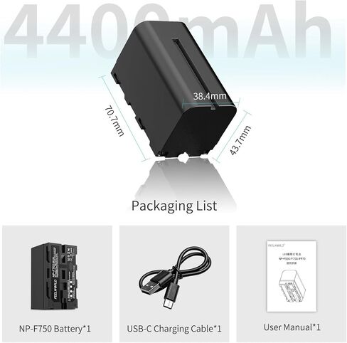 بطارية بديلة FEELWORLD NP-F750 بقدرة 4400 مللي أمبير في الساعة من NP-F970 F960 F950 F770 F750 F570 F550 لشاشة نقل الفيديو الضوئي وشحن USB-C (حزمة واحدة) in Saudi Arabia