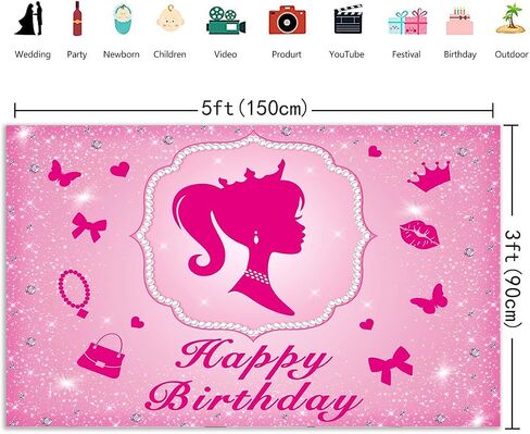 5x3FT Pink Princess Happy Birthday Shiny Backdrop Princess Theme Background Banner Beautiful Girl's Birthday Party Baby Shower Room Decoration Props in Saudi Arabia