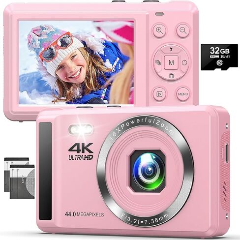 Digital Camera 4K UHD Vlogging Camera, 44MP Autofocus Compact Camera with 16X Digital Zoom with 32GB SD Card, 2 Batteries for Teens Kids Boys Girls, Pink in Saudi Arabia