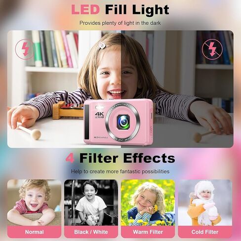 Digital Camera 4K UHD Vlogging Camera, 44MP Autofocus Compact Camera with 16X Digital Zoom with 32GB SD Card, 2 Batteries for Teens Kids Boys Girls, Pink in Saudi Arabia