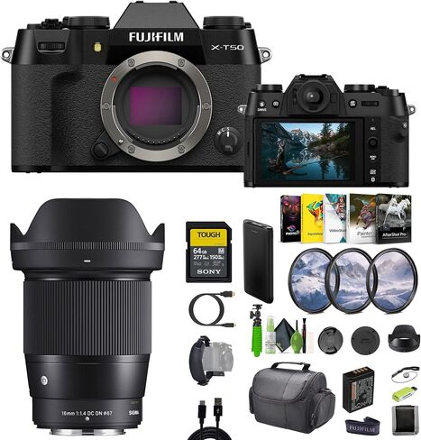 Fujifilm X-T50 Mirrorless Digital Camera Body Bundle with Sigma 16mm f/1.4 DC DN Contemporary LensFor Fuji-Film + 64GB Tough UHS-II Memory Card + Camara Bag + Vlogging Tripod + More Accessories-Black in Saudi Arabia