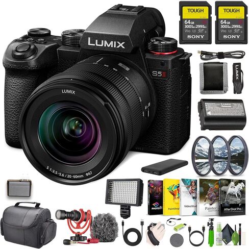 Panasonic LUMIX S5II Mirrorless Camera, with 20-60mm F3.5-5.6 L Mount Lens Bundle with 2X 64Gb Memory Card + Video LED Light + Rode Microphone + Vlogging Tripod + More Accessories in Saudi Arabia