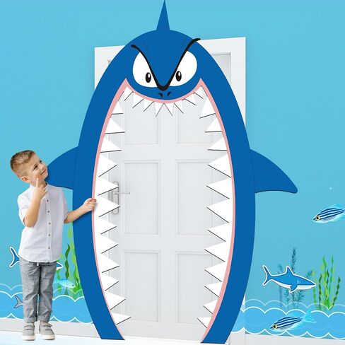 Shark Party Decorations 69" x 96" Shark Backdrop Shark Birthday Party Decorations Shark Attack Cruise Door Decorations White Blue Card Paper Classroom Decoration for Boy Girl Shark Party Supply in Saudi Arabia