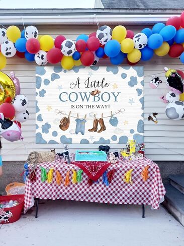 Avezano Cowboy Baby Shower Backdrop A Little Cowboy is on The Way Party Decorations Wild West Western Cowboy Theme Baby Shower Photography Background Banner Photo Booth Supplies (Blue, 6x4ft) in Saudi Arabia