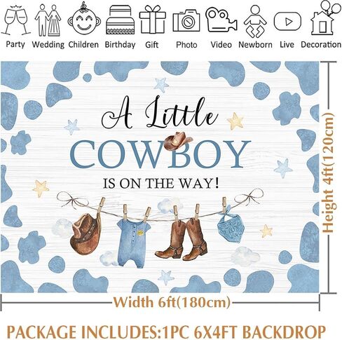 Avezano Cowboy Baby Shower Backdrop A Little Cowboy is on The Way Party Decorations Wild West Western Cowboy Theme Baby Shower Photography Background Banner Photo Booth Supplies (Blue, 6x4ft) in Saudi Arabia