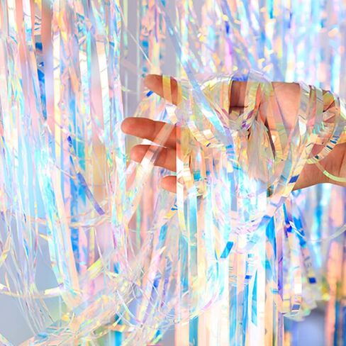 2 Pcs Iridescent Transparent Foil Curtain Tinsel Backdrop Beautiful Neon Clear Streamers Backdrops-Rainbow Photoshoot Streamers Perfect for Party Decorations(3.2 ft x 6.5 ft) in Saudi Arabia