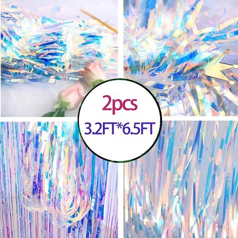 2 Pcs Iridescent Transparent Foil Curtain Tinsel Backdrop Beautiful Neon Clear Streamers Backdrops-Rainbow Photoshoot Streamers Perfect for Party Decorations(3.2 ft x 6.5 ft) in Saudi Arabia