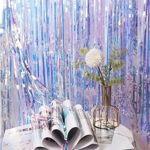 2 Pcs Iridescent Transparent Foil Curtain Tinsel Backdrop Beautiful Neon Clear Streamers Backdrops-Rainbow Photoshoot Streamers Perfect for Party Decorations(3.2 ft x 6.5 ft) in Saudi Arabia