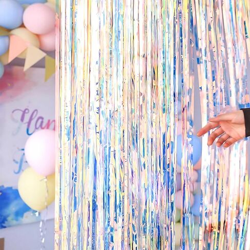 2 Pcs Iridescent Transparent Foil Curtain Tinsel Backdrop Beautiful Neon Clear Streamers Backdrops-Rainbow Photoshoot Streamers Perfect for Party Decorations(3.2 ft x 6.5 ft) in Saudi Arabia
