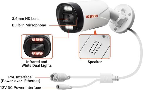 كاميرا أمان TIGERSECU فائقة الدقة 5 ميجابكسل PoE IP، مقاومة للطقس IP66، صوت ثنائي الاتجاه، للاستخدام حصريًا نظام كاميرا أمان NVR DVR 5 ميجابكسل in Kuwait
