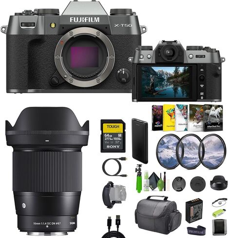 Fujifilm X-T50 Mirrorless Digital Camera Body Bundle with Sigma 16mm f/1.4 DC DN Contemporary LensFor Fuji-Film + 64GB Memory Card + Camara Bag + Vlogging Tripod + More Accessories- Charcoal Silver in Saudi Arabia