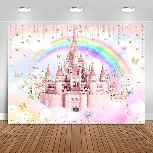 Mocsicka Princess Castle Birthday Backdrop Pink Cloudy Butterfly Pastel Rainbow Birthday Background Gold Glitter Stars Royal Birthday Party Cake Table Decoration Photo Booth Props (5x3ft) in Saudi Arabia