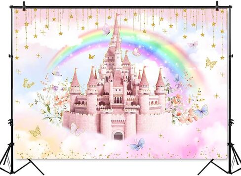 Mocsicka Princess Castle Birthday Backdrop Pink Cloudy Butterfly Pastel Rainbow Birthday Background Gold Glitter Stars Royal Birthday Party Cake Table Decoration Photo Booth Props (5x3ft) in Saudi Arabia